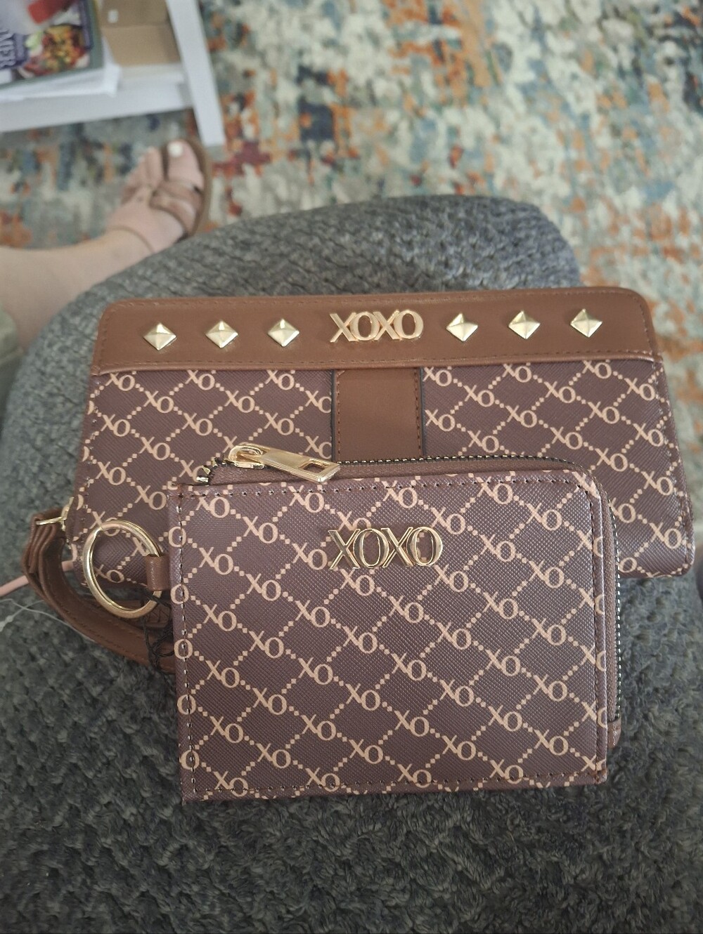 XOXO Brown Logo Wristlet and Card Case Set with Gold Accents
